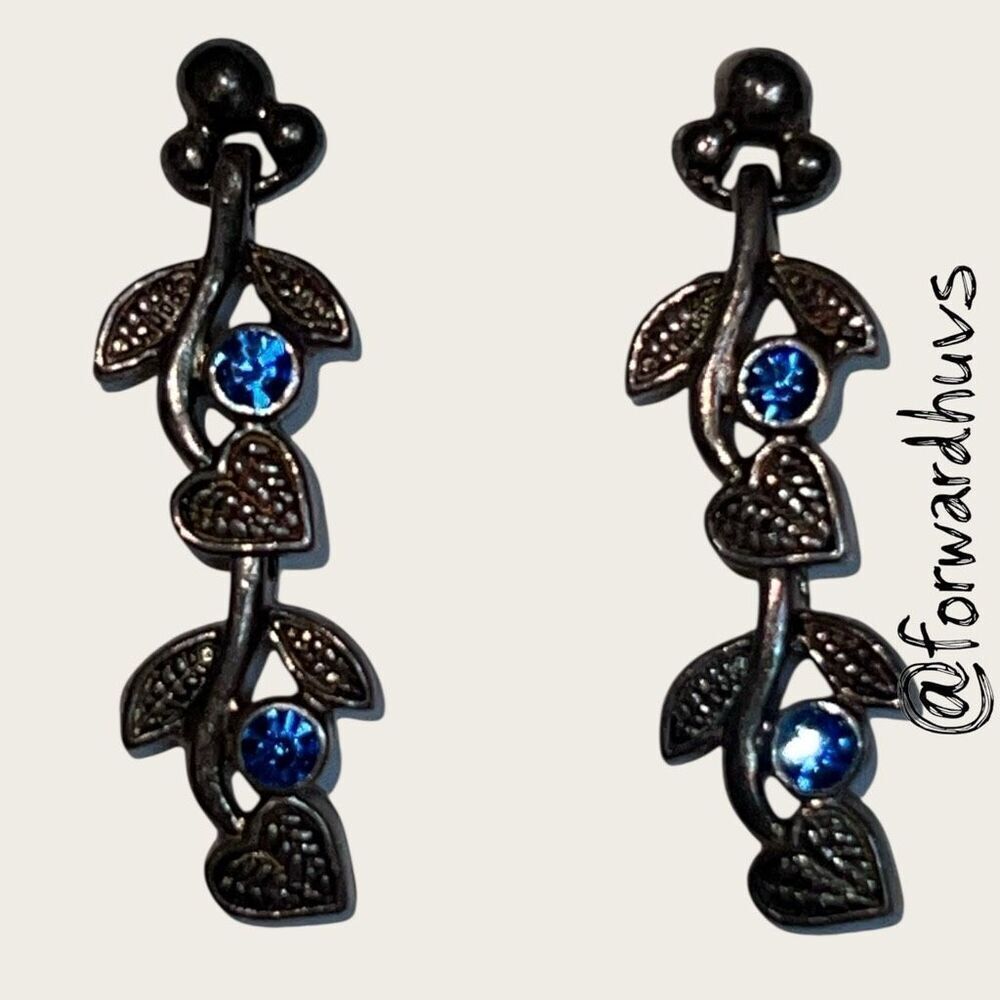Bundle Sale 3 for $15 - Silver Tone Heart & Leaf Dangle Earrings - Blue Rhinesto